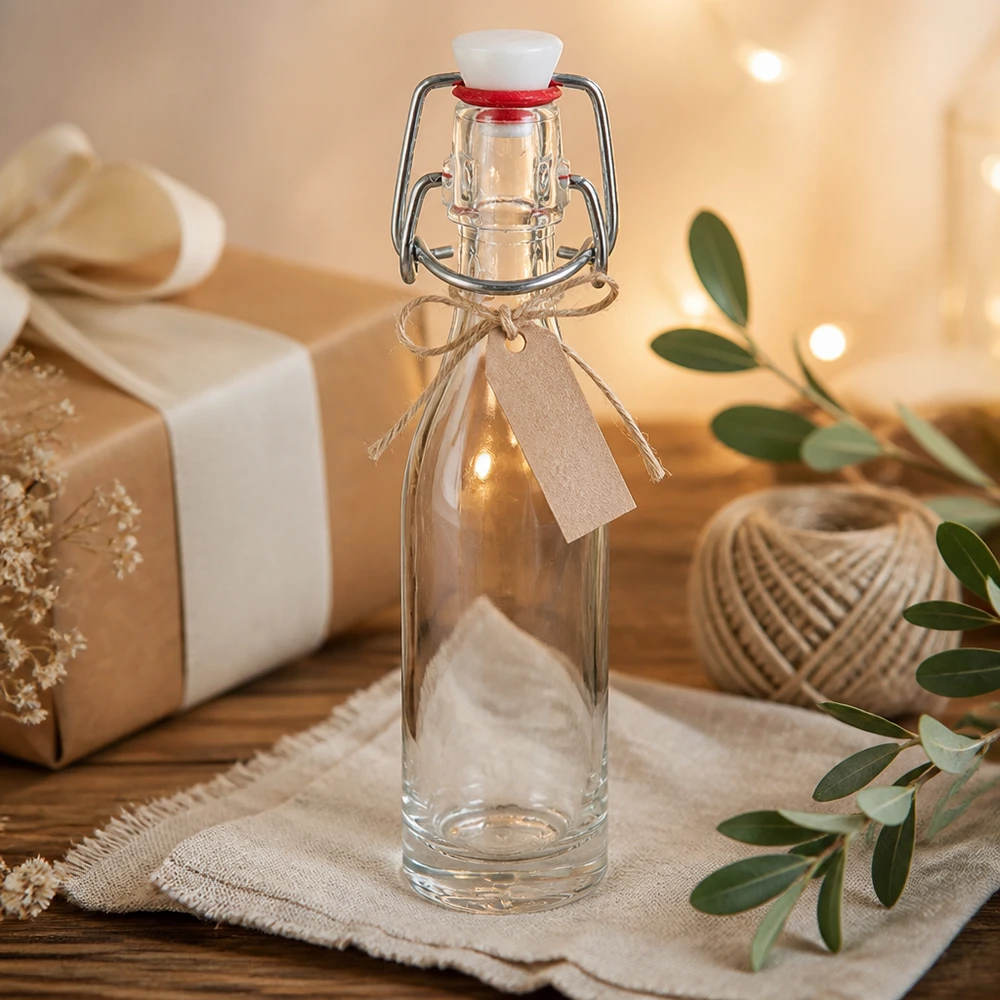 Skleněná láhev o objemu 50 ml + výkyvný vršek z PVC UNiTWIST. Dekorative 50ml Glasflasche mit Bügelverschluss und braunem Geschenkband in natürlicher Ambiente-Szene