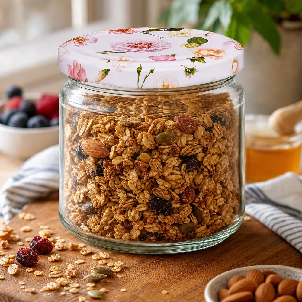 330ml kulatá sklenice + víčko BasicSeal flower pink UNiTWIST 330ml Rundglas rosa Blumenmuster gefüllt mit Müsli Granola Nüssen Rosinen Frühstück Vorratsglas Küche