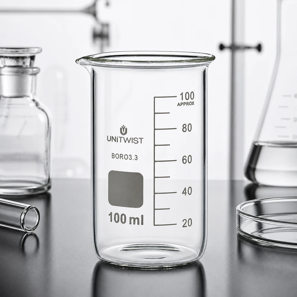 Kádinka 100ml borosilikátová, vysoký tvar UNiTWIST Produktfoto UNITWIST Becherglas 100ml hohe Form Borosilikat mit Messskala und Laborzubehör