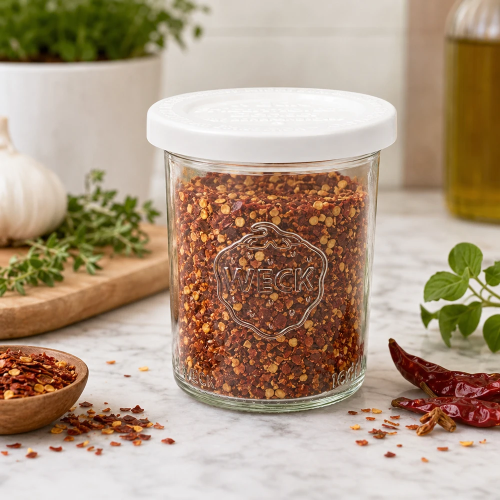 Zavařovací sklenice o objemu 160 ml s víčkem pro zachování čerstvosti WECK RR60. WECK 160ml Sturzglas RR60 mit Chili-Gewürzmischung gefüllt als Gewürzdose in moderner Küche mit Kräutern