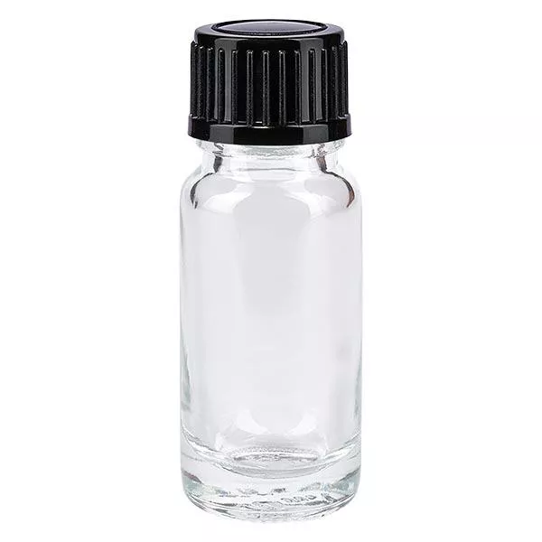 Lékárenská lahvička čirá 10ml se šroubovacím uzávěrem černá standard. Lékárenská lahvička čirá 10ml se šroubovacím uzávěrem černá standard.