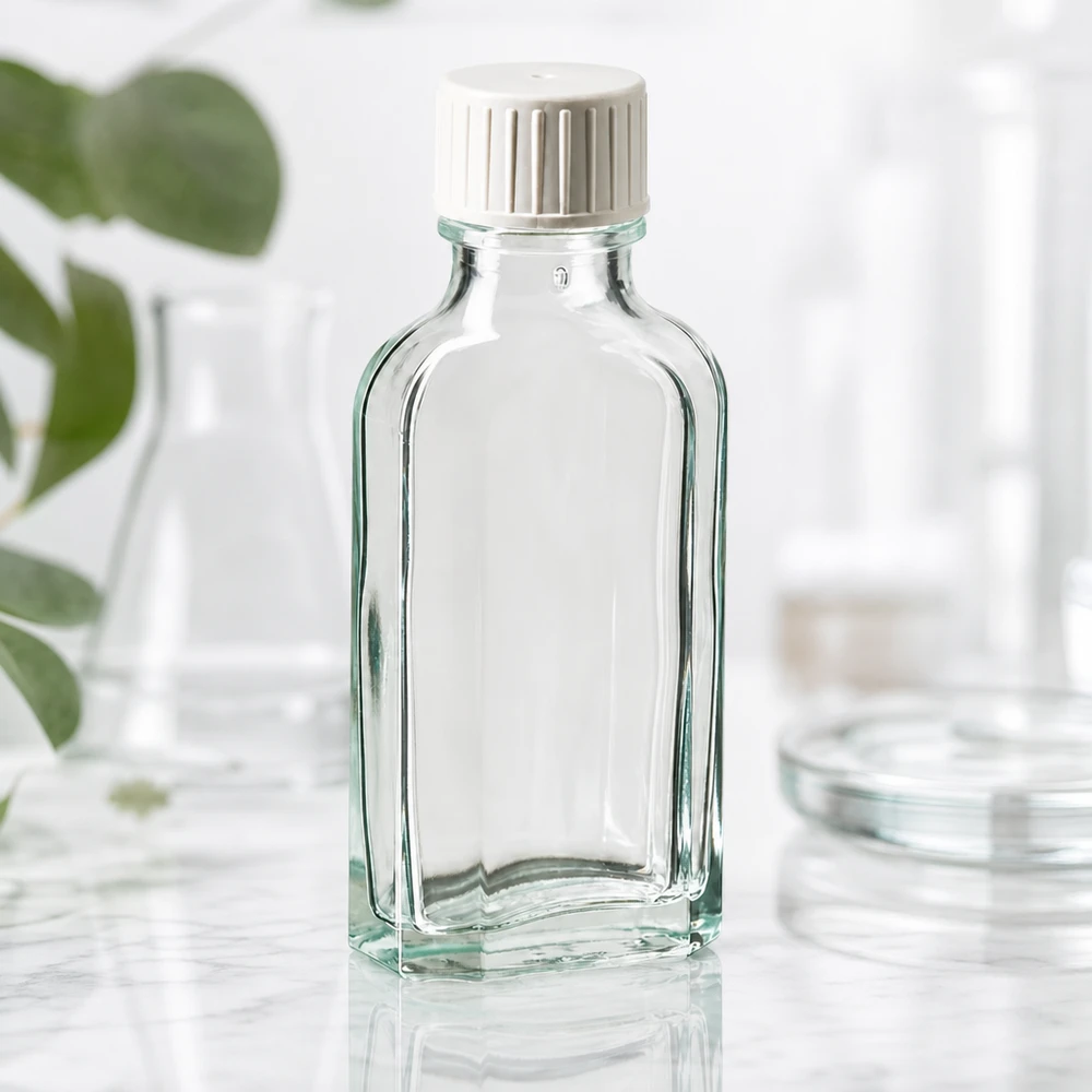 50 ml Meplat Flasche Klarglas flache Bauform mit weißem Verschluss