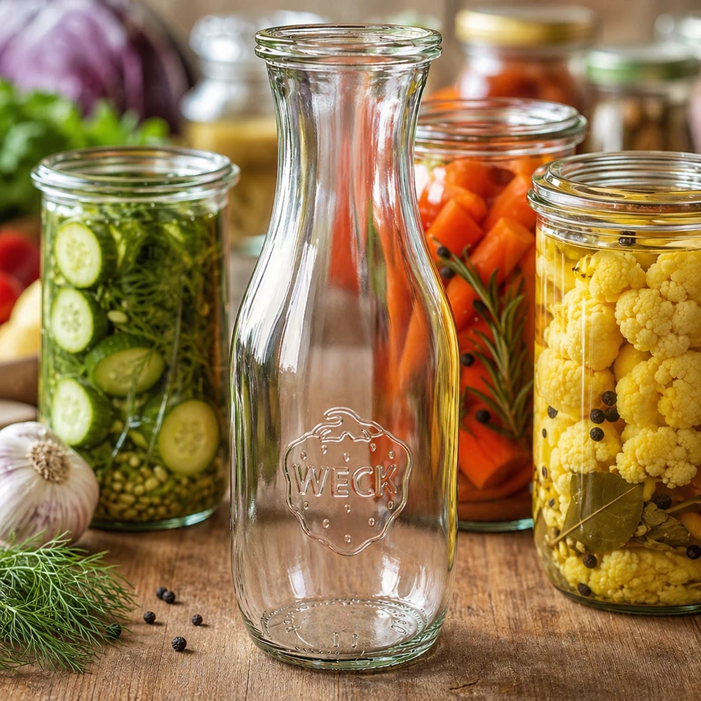 1062ml láhev na šťávu se skleněným víčkem WECK RR60 WECK Glasflasche 1062ml leer mit Logo neben bunten Einmachgläsern mit Gemüse und Gewürzen auf Holztisch