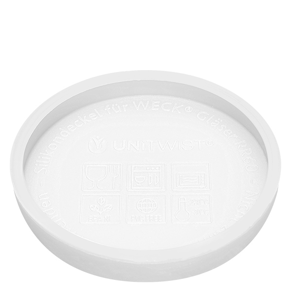 165ml tumblery WECK RR80 se silikonovým víčkem bílé UNiTWIST Silikondeckel weiß für WECK Gläser RR80 Unterseite mit Herstellerprägung und Produktbezeichnung