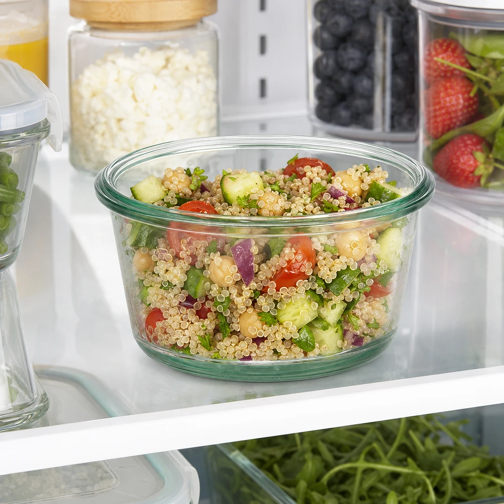 290ml sklenice na šťávu WECK RR100 pro labužníky. WECK RR100 290ml Gourmetglas mit Quinoa-Salat gefüllt im Kühlschrank zur Meal-Prep Aufbewahrung von Speisen