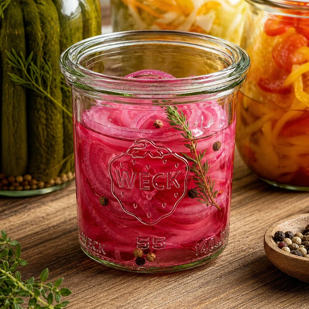 140ml zavařovací sklenice se skleněným víčkem WECK RR60 WECK Sturzglas 140ml RR60 mit eingelegten roten Zwiebeln Kräutern Pfefferkörnern neben anderen Einmachgläsern