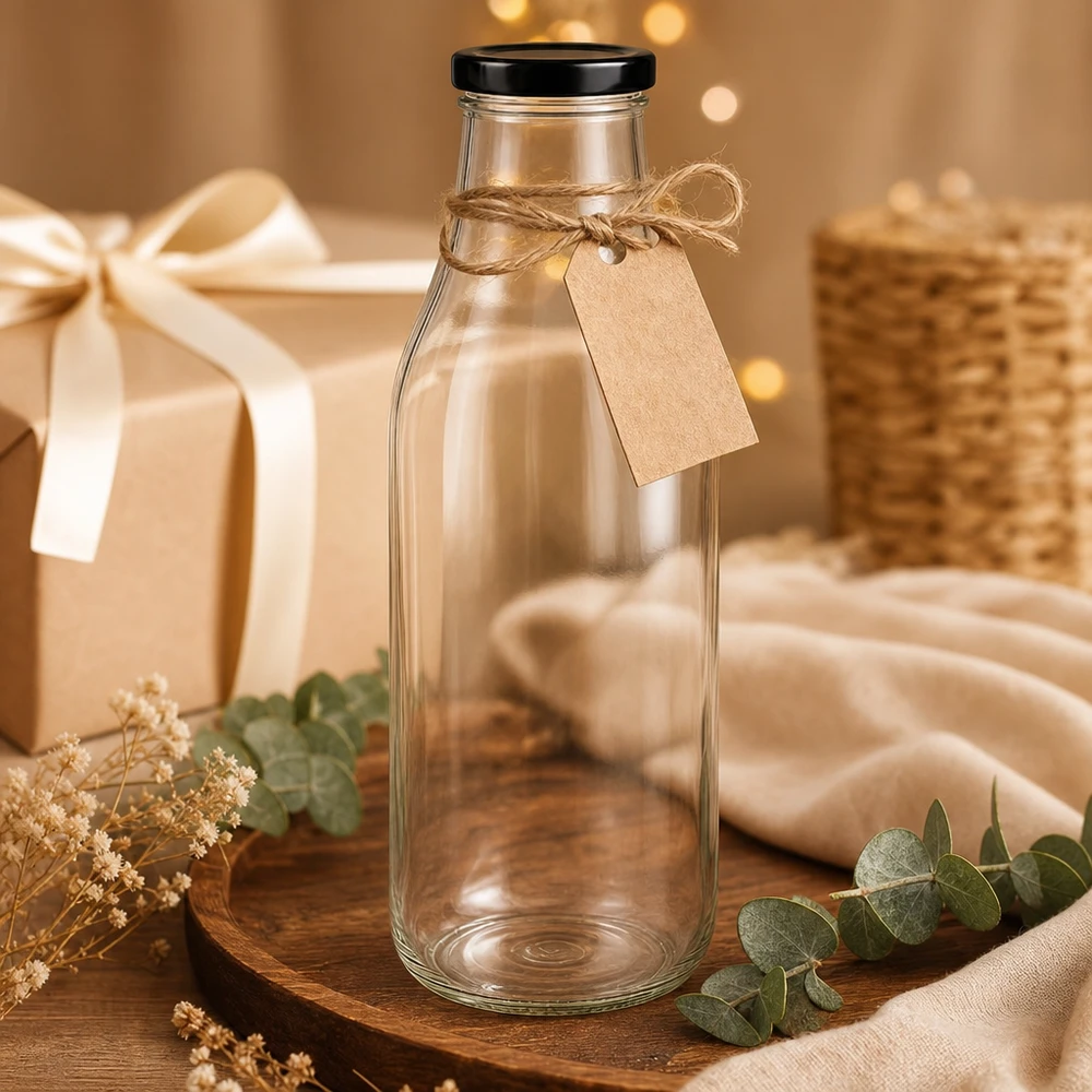 1000ml skleněná láhev + víčko BasicSeal černé UNiTWIST 1000ml Glasflasche mit schwarzem Deckel als Geschenk dekoriert mit Bastband und Kraftpapier-Anhänger