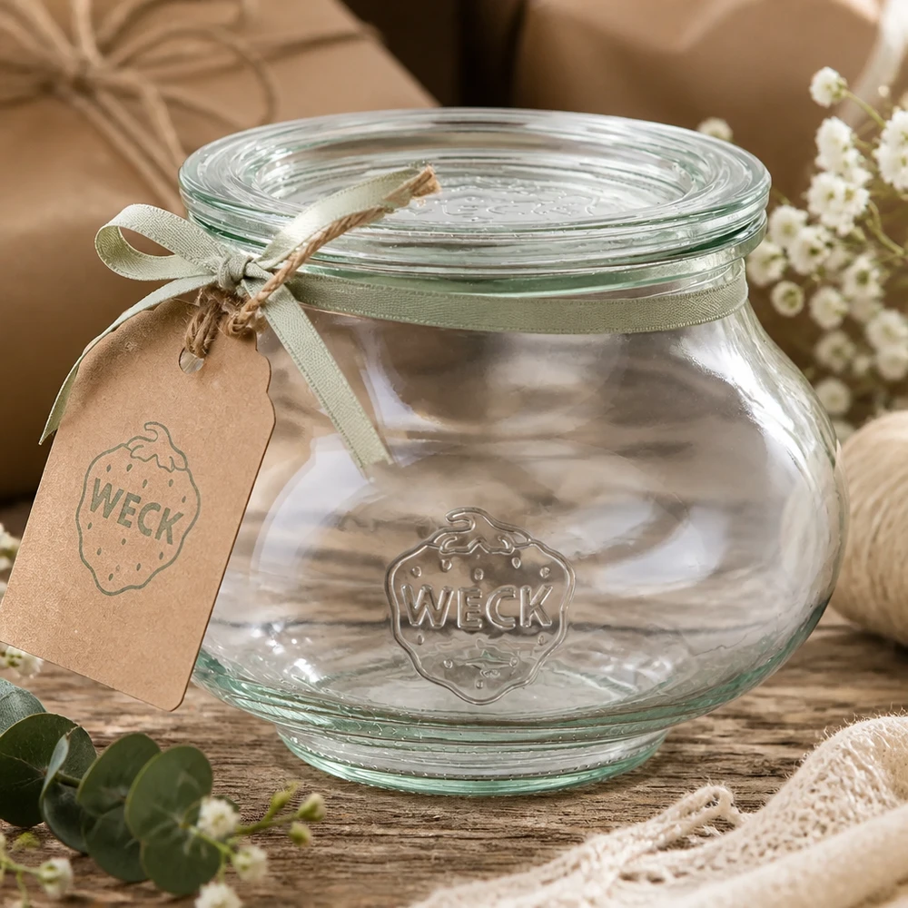 WECK Schmuckglas 560ml mit grünem Satinband und Anhänger auf Holztisch dekoriert mit Blumen und Spitze