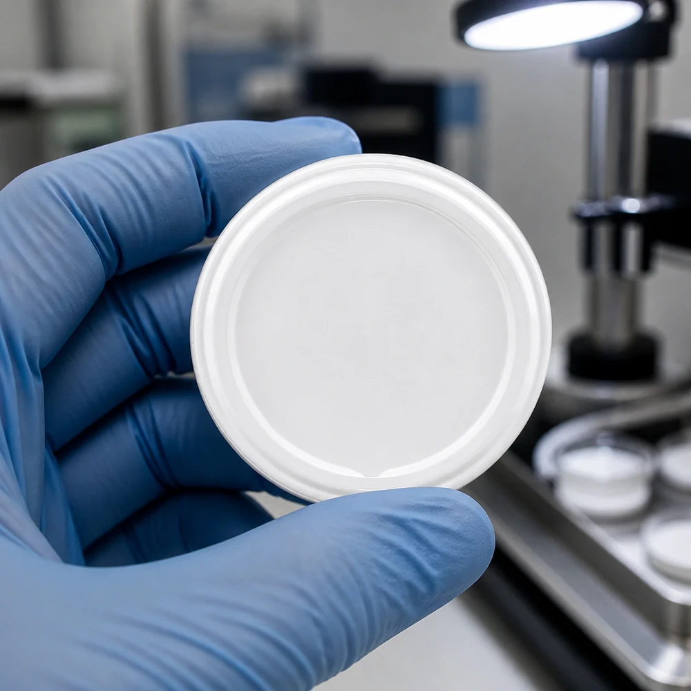 Laboratorní pohled na bílé šroubovací víčko UNiTWIST TO63 BioSeal BPA-NI unitemp v modré rukavici
