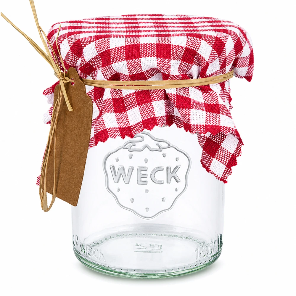 Stoff Schmuckdeckchen bordeaux-kariert 12cm eckig auf Weckglas mit rotem Gingham-Muster und braunem Etikett