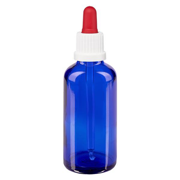 Lékárenská láhev modrá 50ml pipeta bílá/červená uzávěr s ochranou proti manipulaci. Lékárenská láhev modrá 50ml pipeta bílá/červená uzávěr s ochranou proti manipulaci.