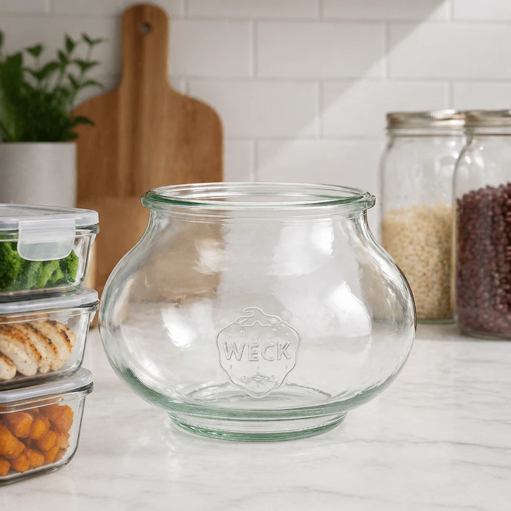 560ml dóza na šperky WECK RR80 s dřevěným dřevem WECK Schmuckglas 560ml RR80 in moderner Küche zwischen Vorratsgläsern und Glasdosen auf weißer Arbeitsplatte