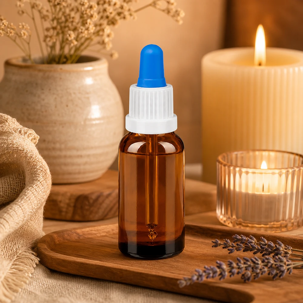 20ml pipetovací láhev bílá/modrý uzávěr s ochranou proti manipulaci BrownLine UT18/20 20ml Apothekerflasche aus robustem Braunglas mit langlebiger weißer Pipetten-Kappe