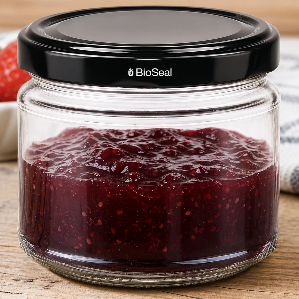 Kulatá sklenice 330 ml + víčko BioSeal černé UNiTWIST UniTWIST Runda330 Einmachglas gefüllt mit roter Marmelade BioSeal Deckel Konfitüre Aufbewahrung Holztisch