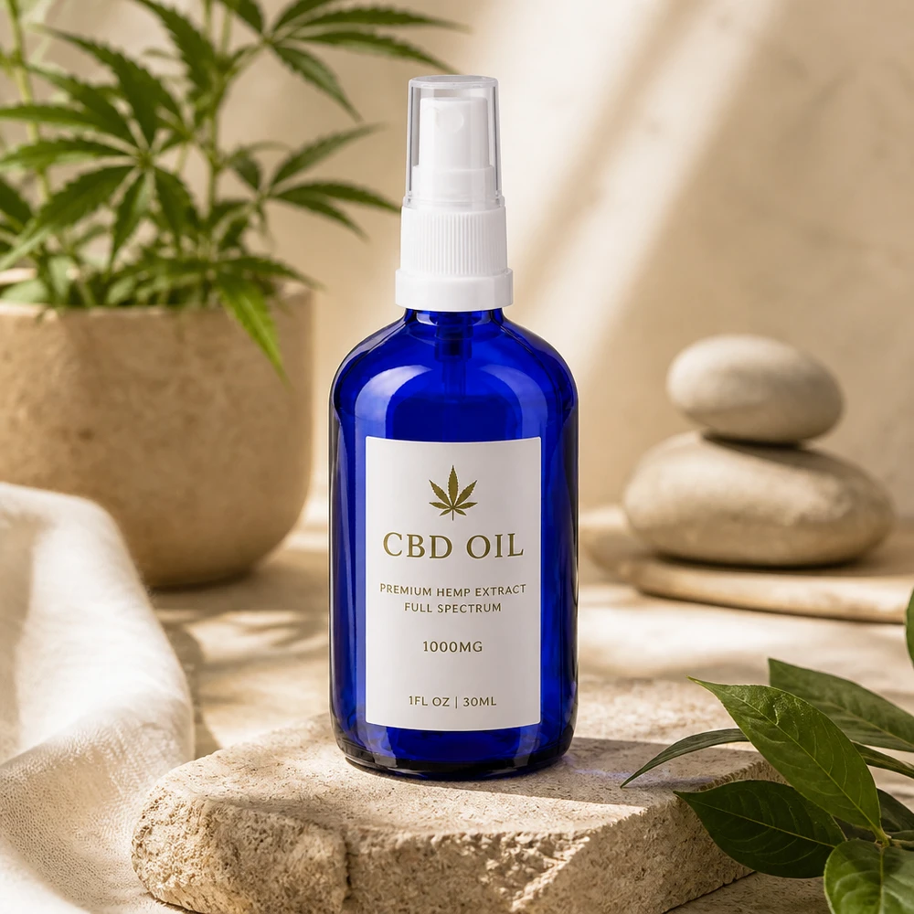 Stabile blaue Rundglasflasche 100ml mit Pumpsprüher für Serums Hydrolate und Pflanzenwässer