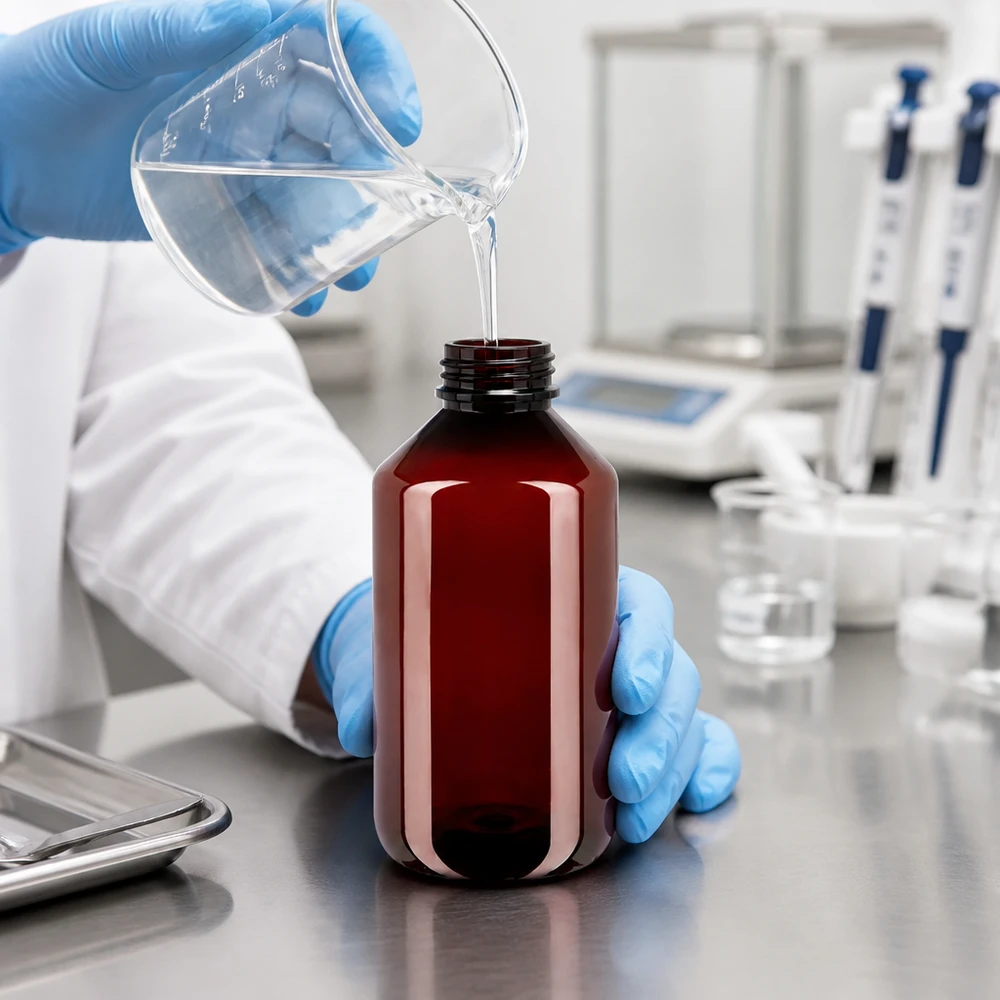 Chemik v laboratoři plní hnědou 500ml PET láhev průhlednou kapalinou