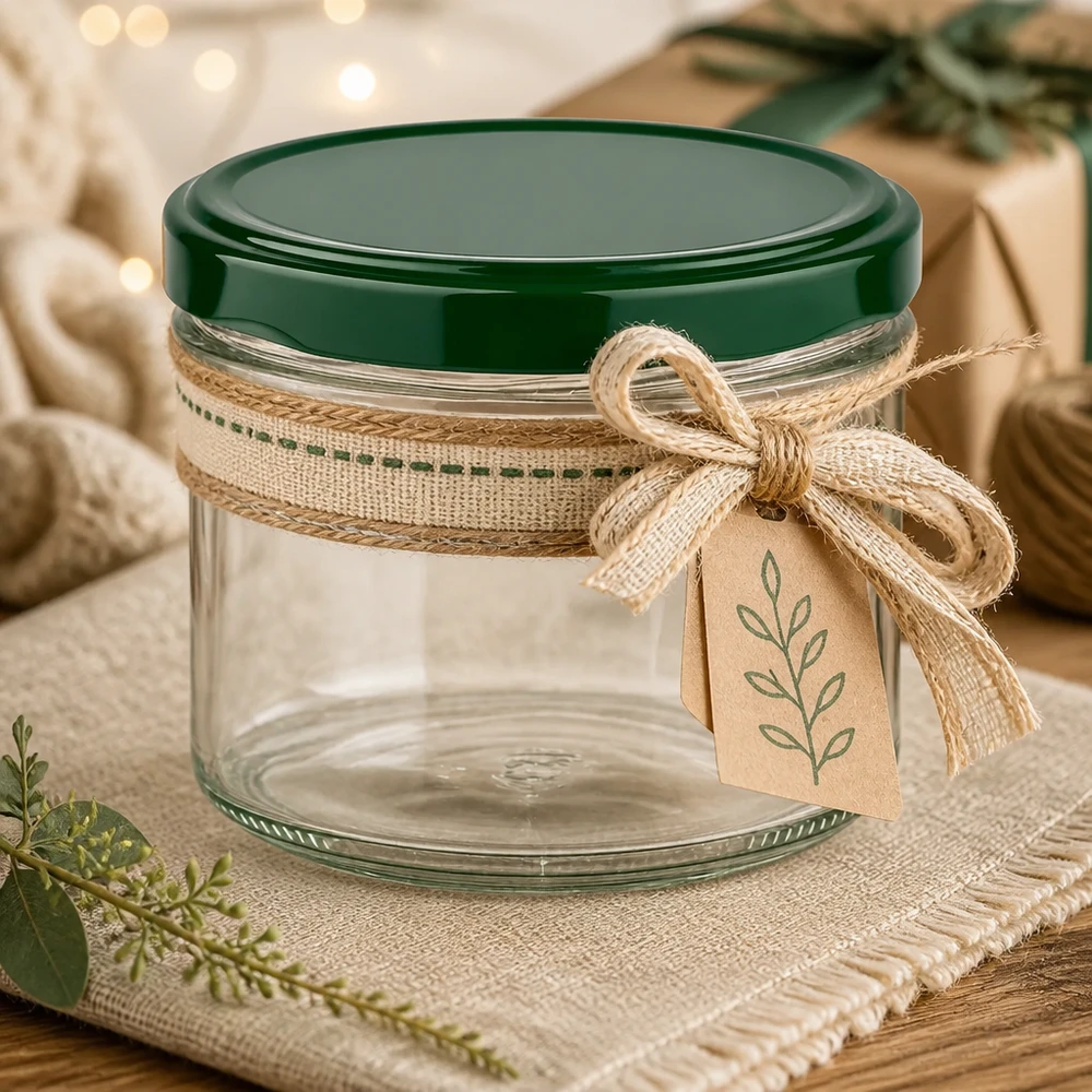 225ml Sturzglas grüner Deckel dekorativ mit Juteschleife und Geschenkanhänger als Geschenkverpackung