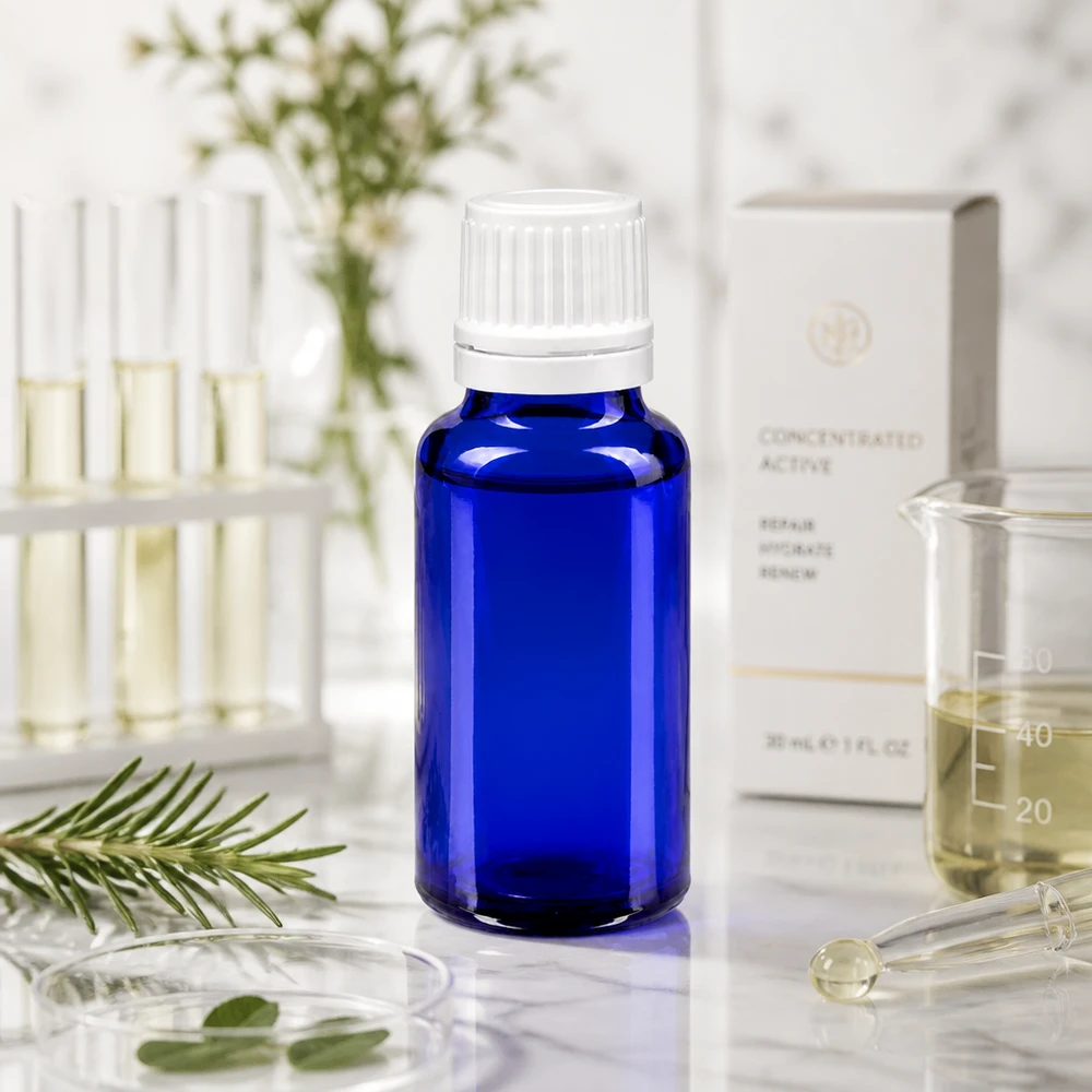 Blauglas Flasche 20ml mit kindersicherem OV Verschluss weiß für Naturkosmetik und Seren