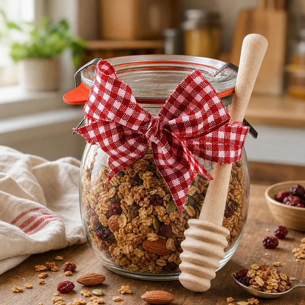 WECK Tulpenglas 220ml gefüllt mit Müsli und Nüssen, dekoriert mit rot-weiß karierter Schleife und Honiglöffel