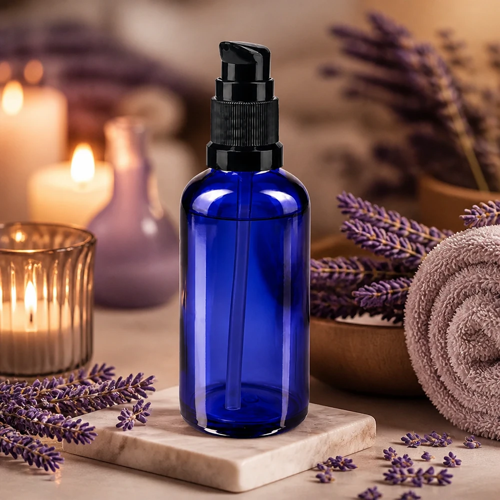 Lékárenská láhev modrá 50ml pumpovací uzávěr černý standardní Kleine blaue Glasflasche mit schwarzer Pumpe 50ml ideal für ätherische Öle