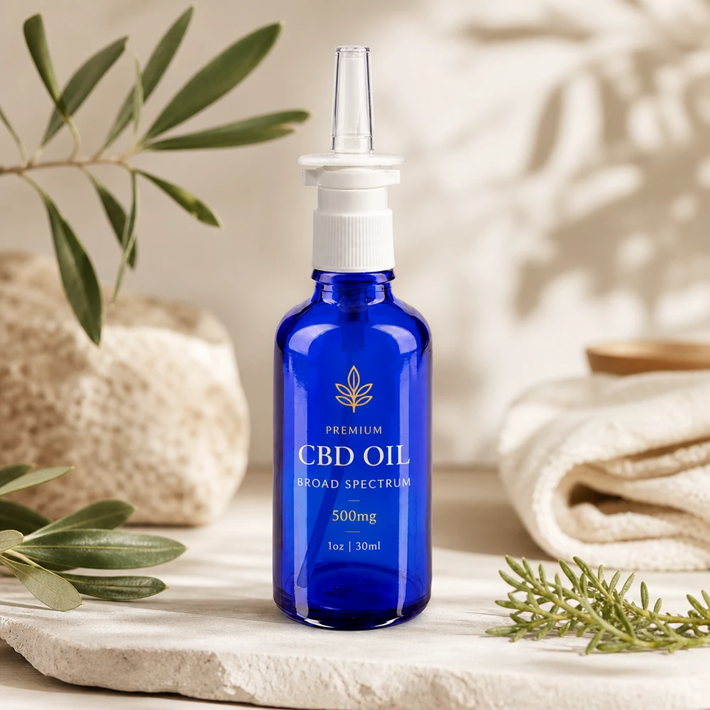 Lékárenská láhev modrá 50ml nosní sprej bílá stř. Hochwertige Pumpflasche 50ml Blauglas mit präziser Nasenspray-Düse für Apothekenbedarf