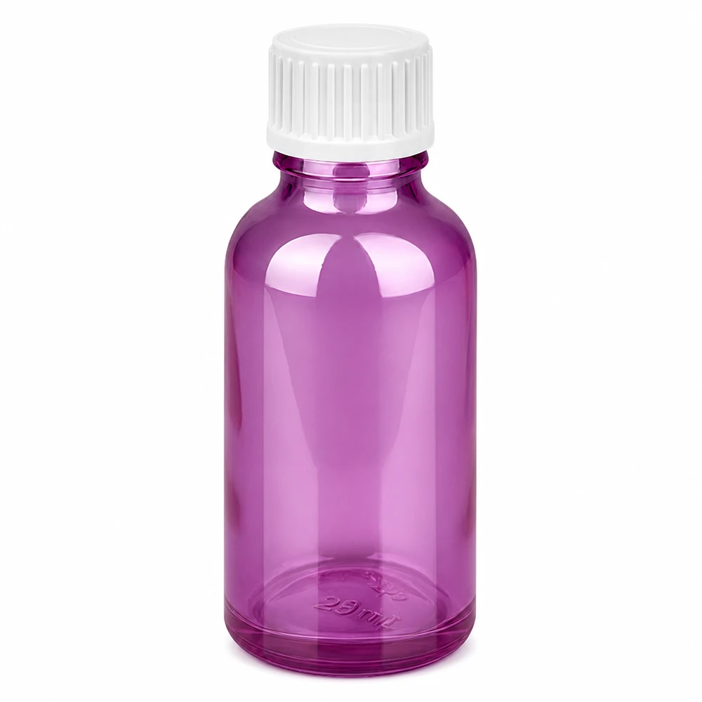 Lahvička o objemu 30 ml (globule). Nalévací kroužek 3 mm bílý Standard PurpleLine. UT18/30 Runde Glasflasche 30ml in elegantem Purple-Design mit sicherem Verschluss für Labor und Haushalt