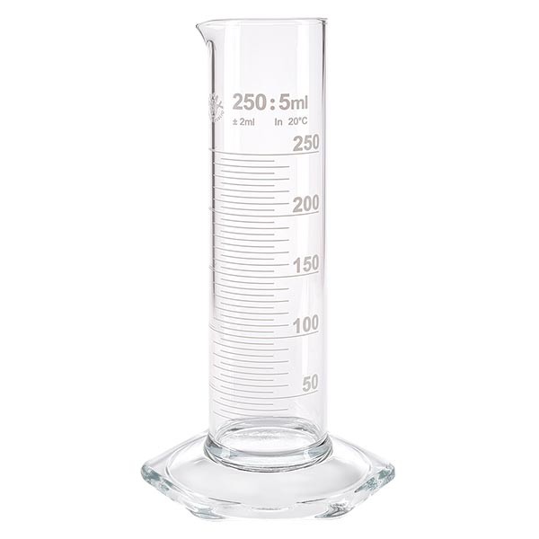 250ml odměrný válec NF ze skla, bílá stupnice 250ml odměrný válec NF ze skla, bílá stupnice