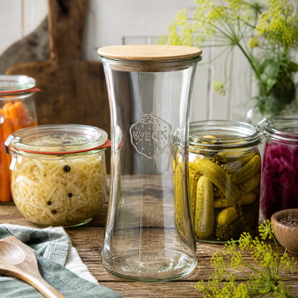 700ml lahůdková zavařovací sklenice WECK RR80 s dřevěným víčkem.
