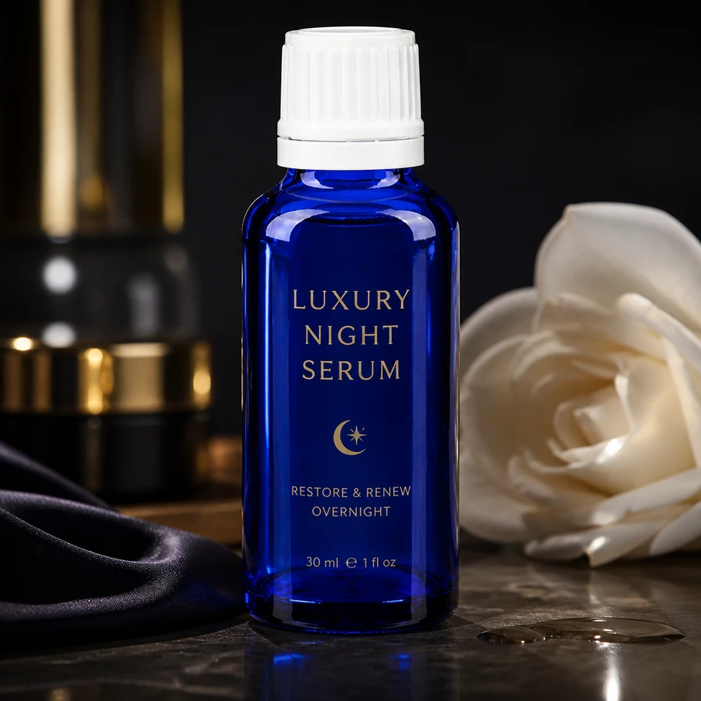 Kleine blaue Glasflasche mit Originalverschluss und Tropfeinsatz ideal für Overnight Serum