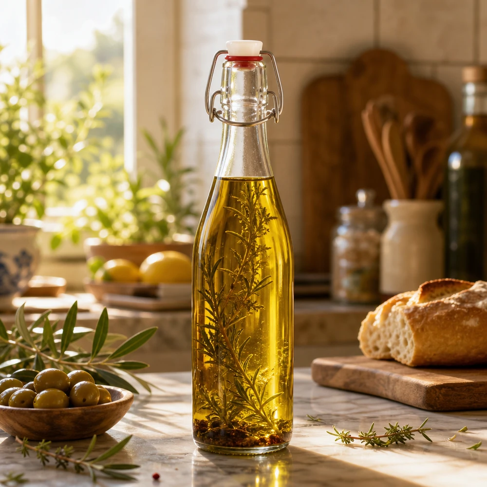500ml Glasflasche Bügelverschluss befüllt mit Kräuteröl Rosmarин mediterrane Küche Aufbewahrung Gewürzöl