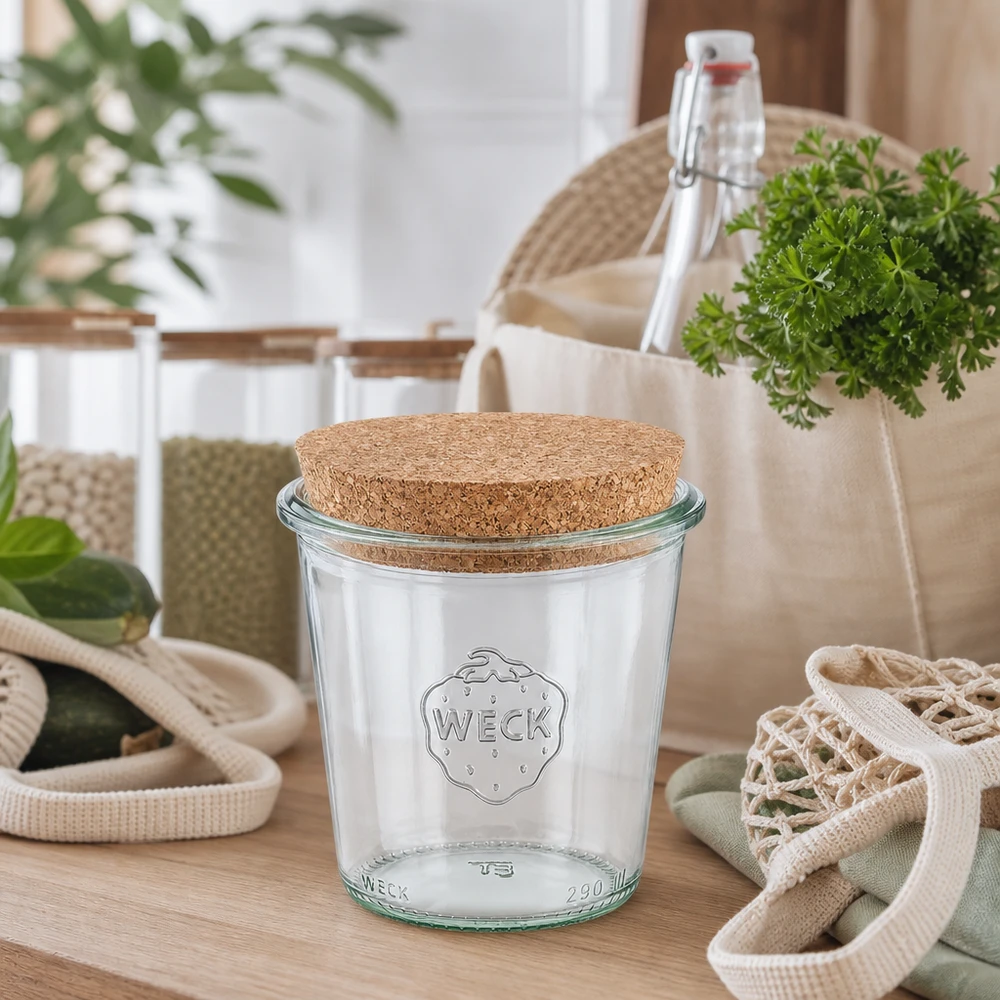 290ml vysoké sklenice WECK RR80 s korkem přírodní WECK Sturzglas 290ml RR80 mit Naturkorken in nachhaltiger Zero-Waste Küche zwischen Mehrwegflaschen und Stoffbeuteln
