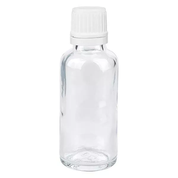 Lékárenská lahvička čirá 30ml kapátko uzávěr 1,2mm bílý tamper evidentní uzávěr.