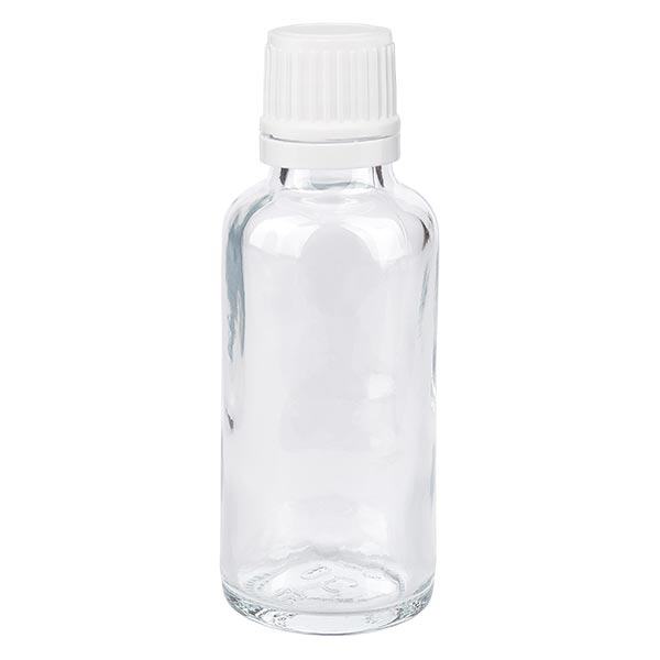Lékárenská lahvička čirá 30ml kapátko uzávěr 1,2mm bílý tamper evidentní uzávěr.