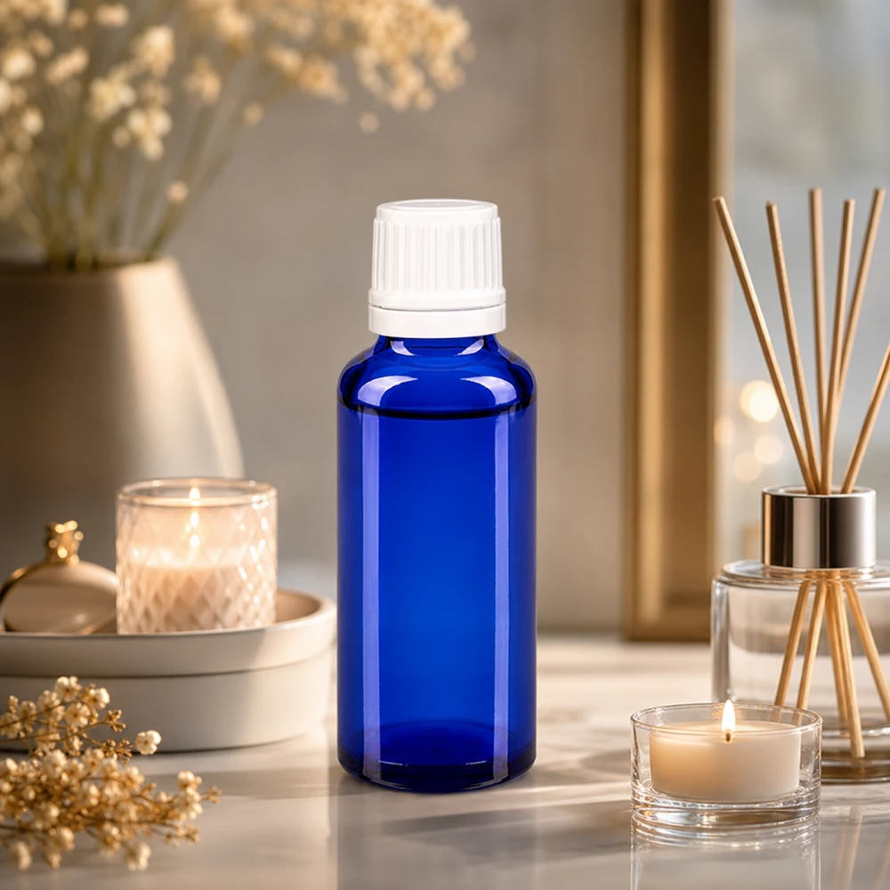 Blaue Apothekerflasche 30ml mit feinem 0,7mm Tropfeinsatz für präzise Dosierung ätherischer Öle