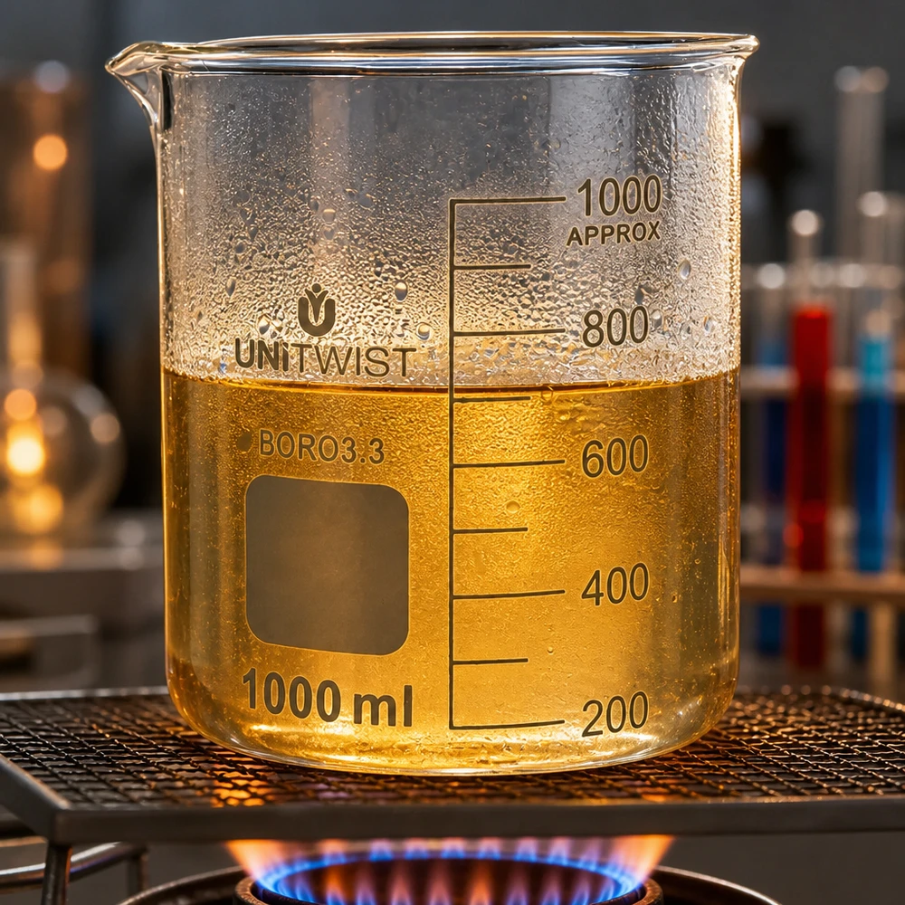 Kádinka 1000 ml borosilikátová, nízká forma UNiTWIST Becherglas 1000ml niedrige Form aus Borosilikat 3.3 auf Gasbrenner im professionellen Labor