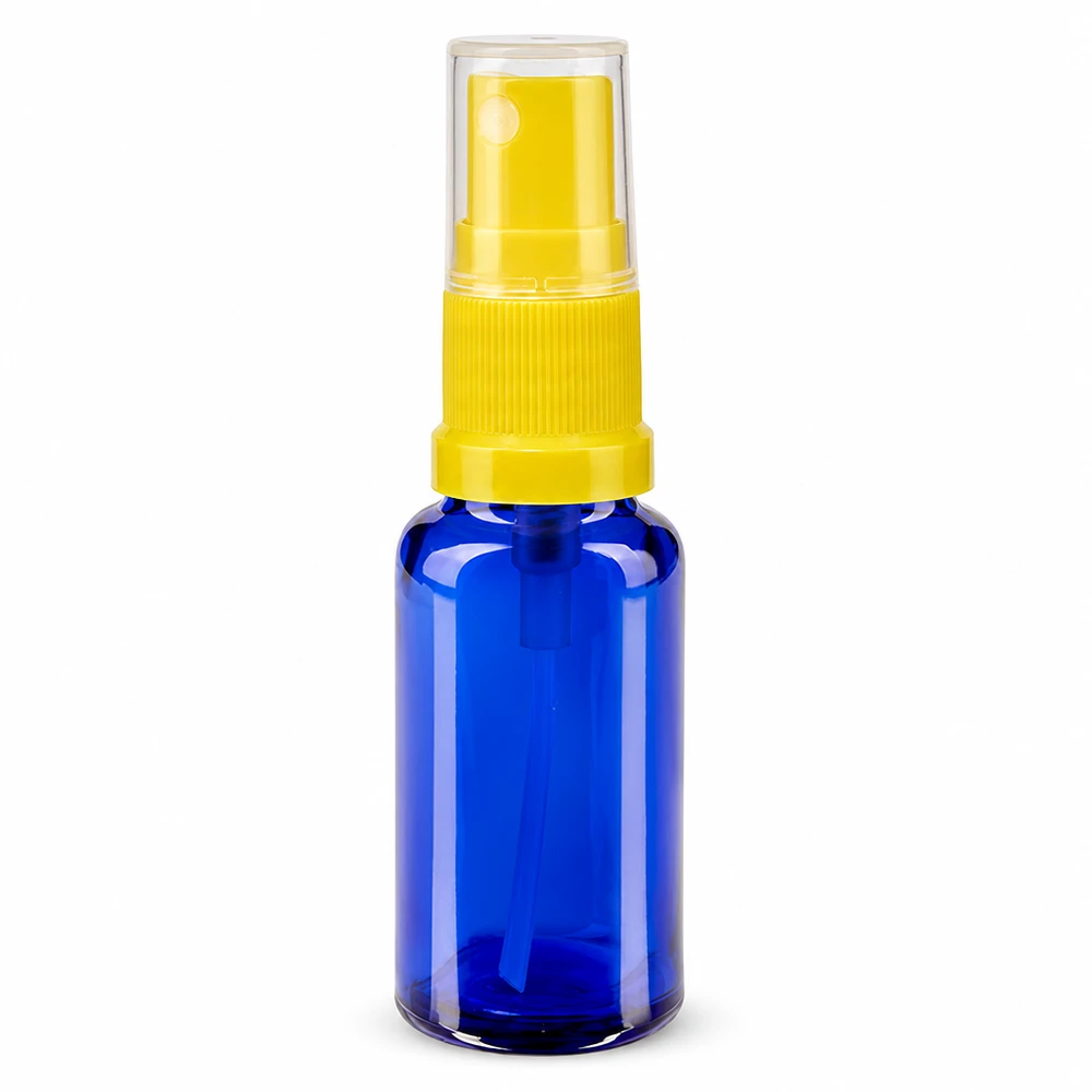 20ml Minitflasche aus blauem Schutzglas mit gelbem Sprühaufsatz und transparenter Kappe STD