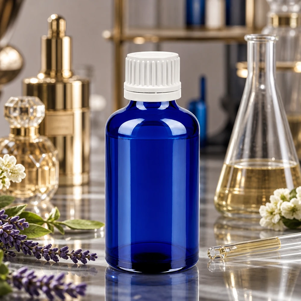 Lichtgeschützte 50ml Blauglasflasche mit ergonomischem Design für Hersteller von Naturprodukten