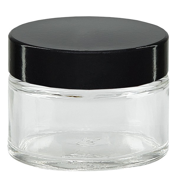 Skleněná dóza 15 ml čirá, s černým. Bakelitovým víčkem Skleněná dóza 15 ml čirá, s černým. Bakelitovým víčkem