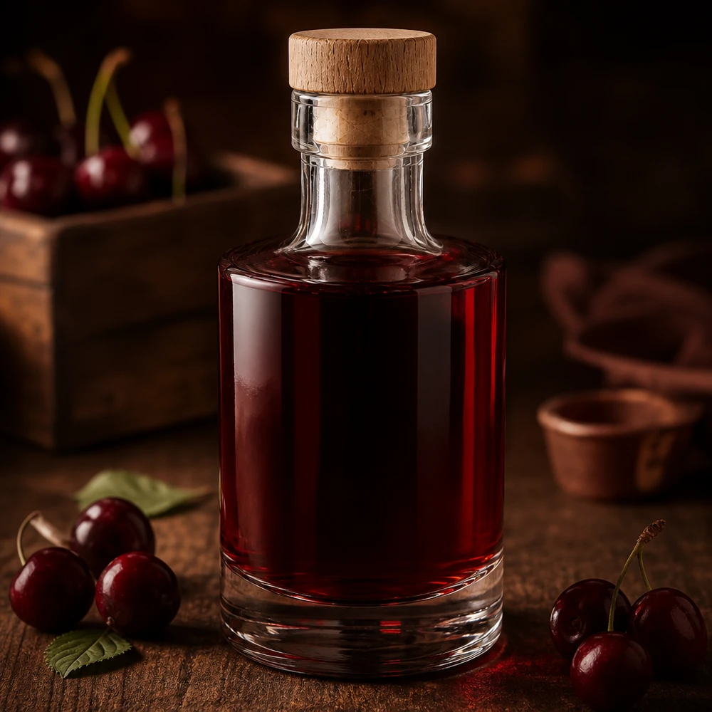 200ml Glasflasche "Marie" mit Holzgriff-Korken UNiTWIST 200ml Glasflasche Marie mit dunkelroter Kirschlikör-Füllung, Holzkorken, dekoriert mit frischen Kirschen auf Holzuntergr