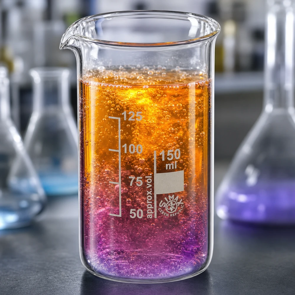 Kádinka 150 ml z borosilikátového skla, vysoký tvar Simax Becherglas 150ml hohe Form mit siedender Flüssigkeit in Orange und Violett