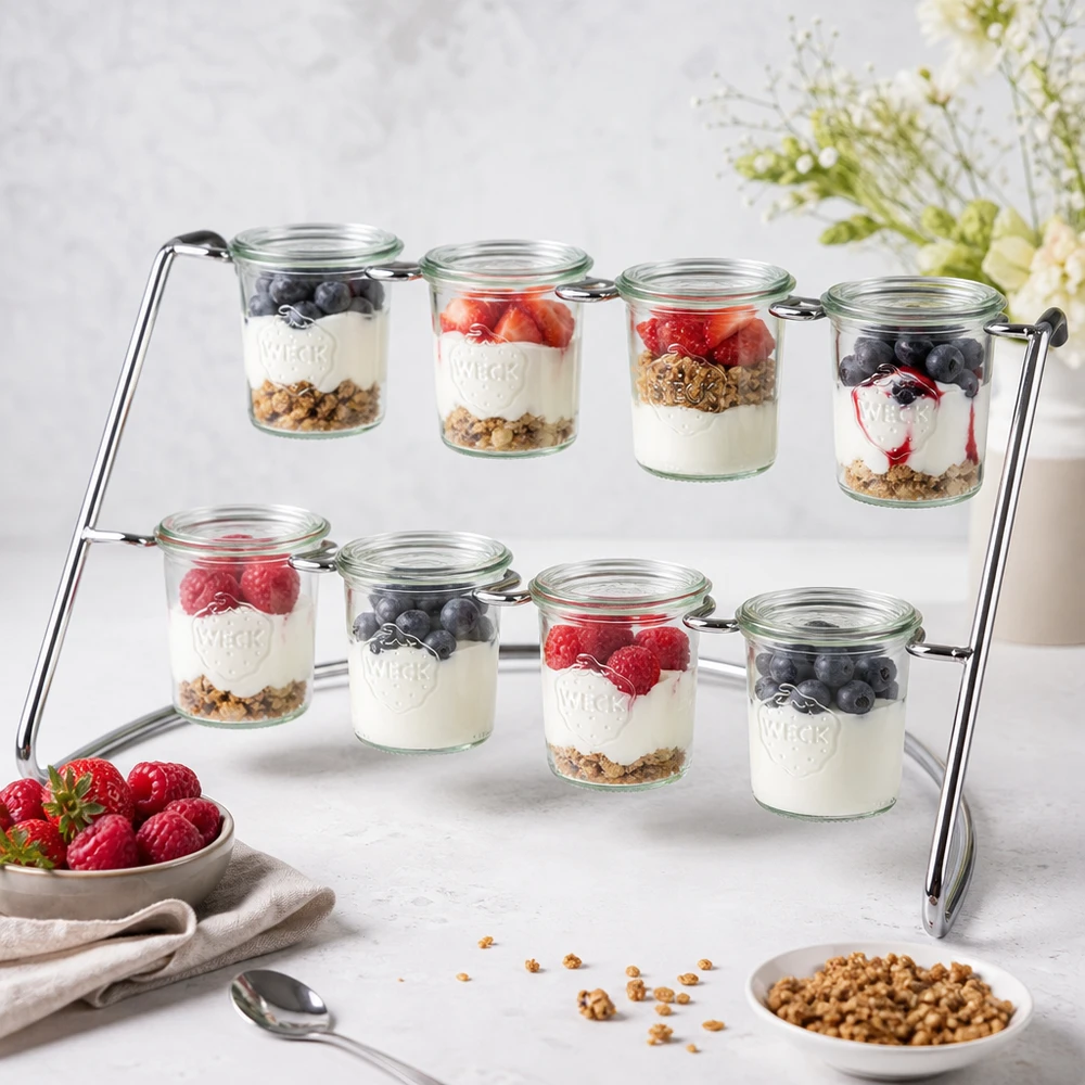 Serviergestell Flato8 mit Joghurt-Parfait und Beeren in WECK Gläsern als Dessert-Buffet auf weißer Marmorplatte