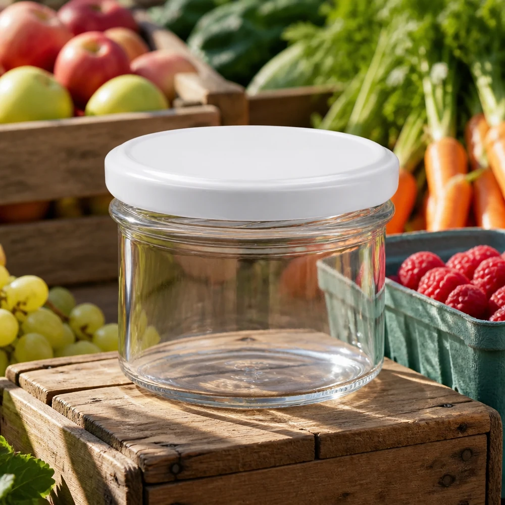 225ml Sturzglas leer mit weißem Deckel auf Holzkiste zwischen frischem Obst und Gemüse vom Markt