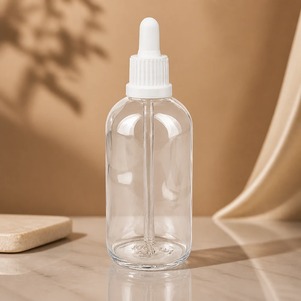 100ml pipetovací láhev bílá s uzávěrem s ochranou proti manipulaci ClearLine UT18/100 Minimalistische 100ml Klarglasflasche ClearLine mit weißem Kunststoffpipettenkopf