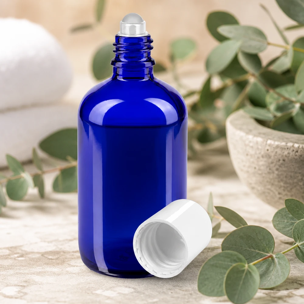Hochwertige blaue Glasflasche 100ml mit Rollkugel ideal für Kosmetik und Aromatherapie