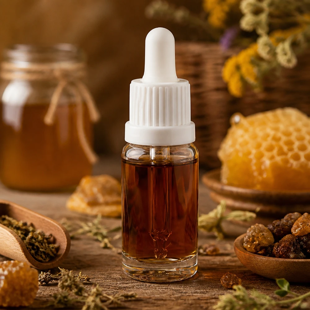 10ml pipetovací lahvička bílá s uzávěrem ClearLine UT18/10, který je zajištěn proti manipulaci. Braunes Naturextrakt in kompakter 10ml ClearLine Pipettenflasche mit weißem Gummisauger