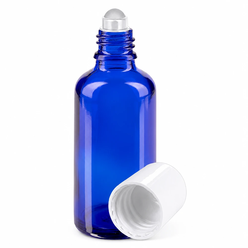 Blaue 50ml Rollerflasche aus hochwertigem Apothekenglas mit abnehmbarem weißem Schraubverschluss