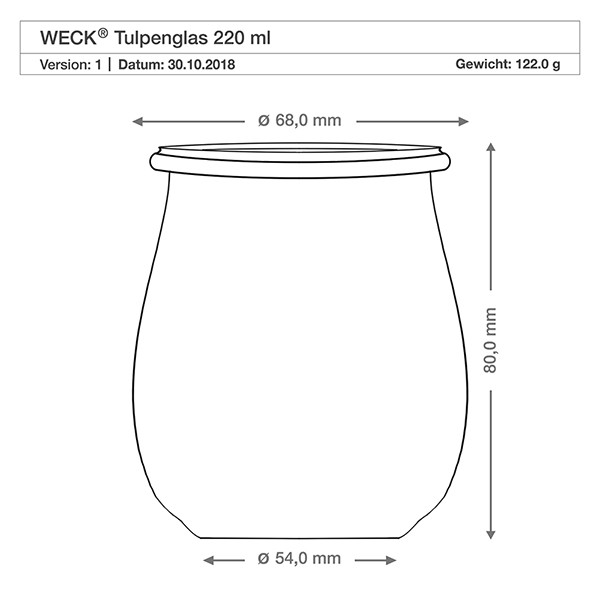 Mini dóza na tulipány WECK 220ml kompletní s medovou lžičkou a přívěskem. Technische Zeichnung WECK Tulpenglas 220ml mit Maßangaben 68mm Durchmesser, 80mm Höhe und 122g Gewicht