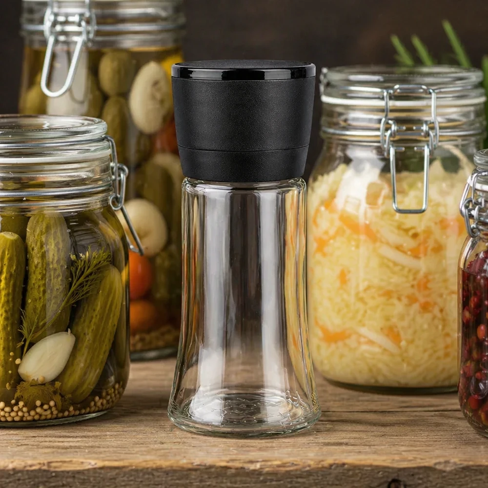 Dóza na sůl/koření 95 ml s mlýnkem Vario černá Transparentes Salz- und Pfefferstreuer-Set 95ml mit schwarzer Mühle vor fermentierten Lebensmitteln