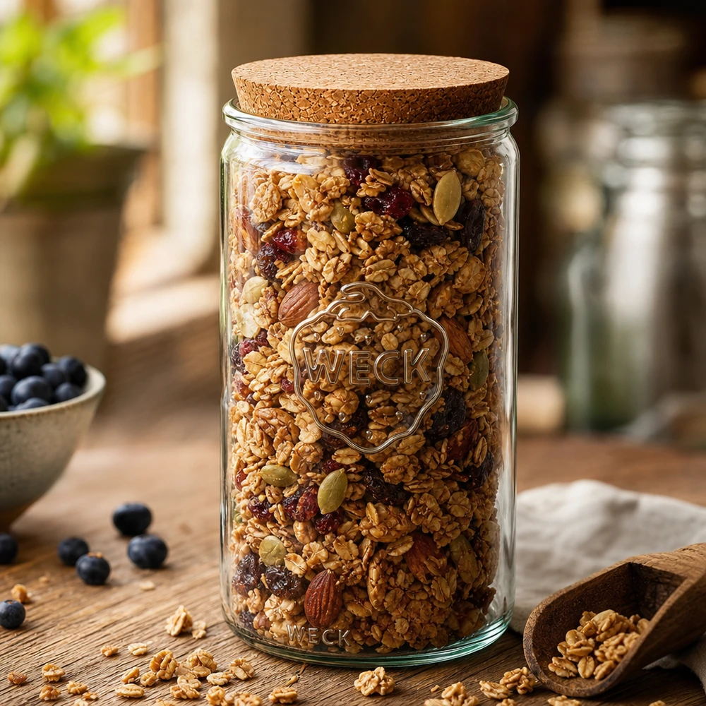 WECK Vorratsglas 1590ml RR100 befüllt mit Müsli Nüssen und Trockenfrüchten Korkdeckel Küchendeko