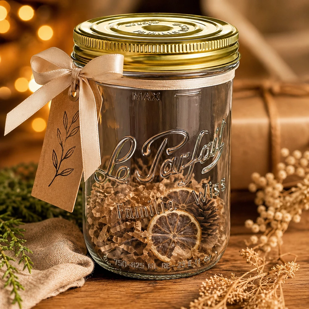 1020ml Sturzglas "Familia Wiss" 2-teiliges Deckelsystem Le P 1020ml Sturzglas Familia Wiss mit goldenem Deckel und beiger Schleife gefüllt mit getrockneten Zitrusscheiben auf Holzti